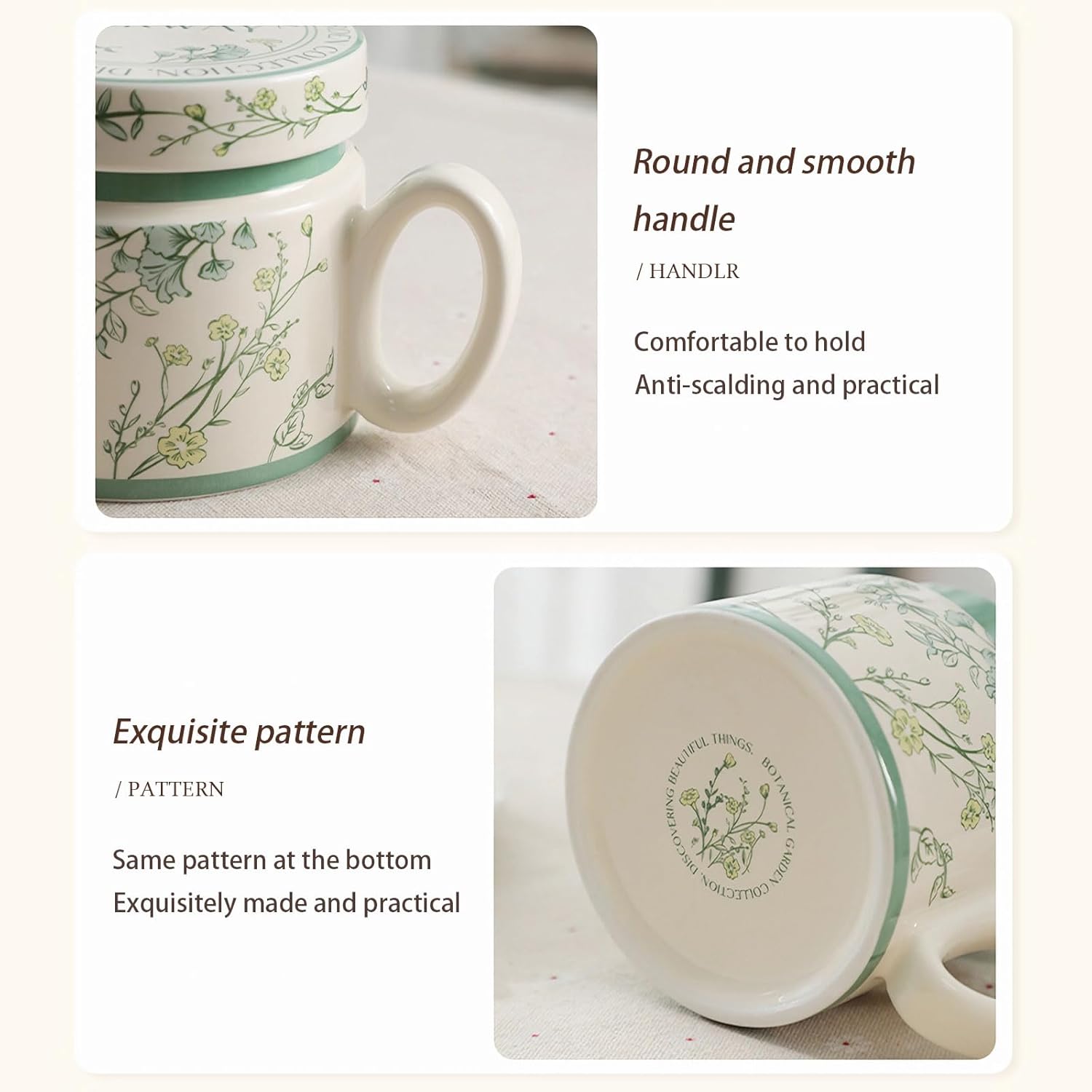 12.9oz Ceramic Coffee Mug with Lid,Flower Patterned Porcelain Mug,Ceramic Tea Cup Coffee Latte Mug for Office and Home,Green,1 Piece - Image 4