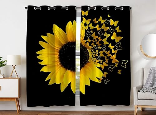 Cortinas opacas divertidas de girasol de 54 pulgadas de ancho x 84 pulgadas de largo, con ojales, aislamiento térmico, para oscurecer la habitación,