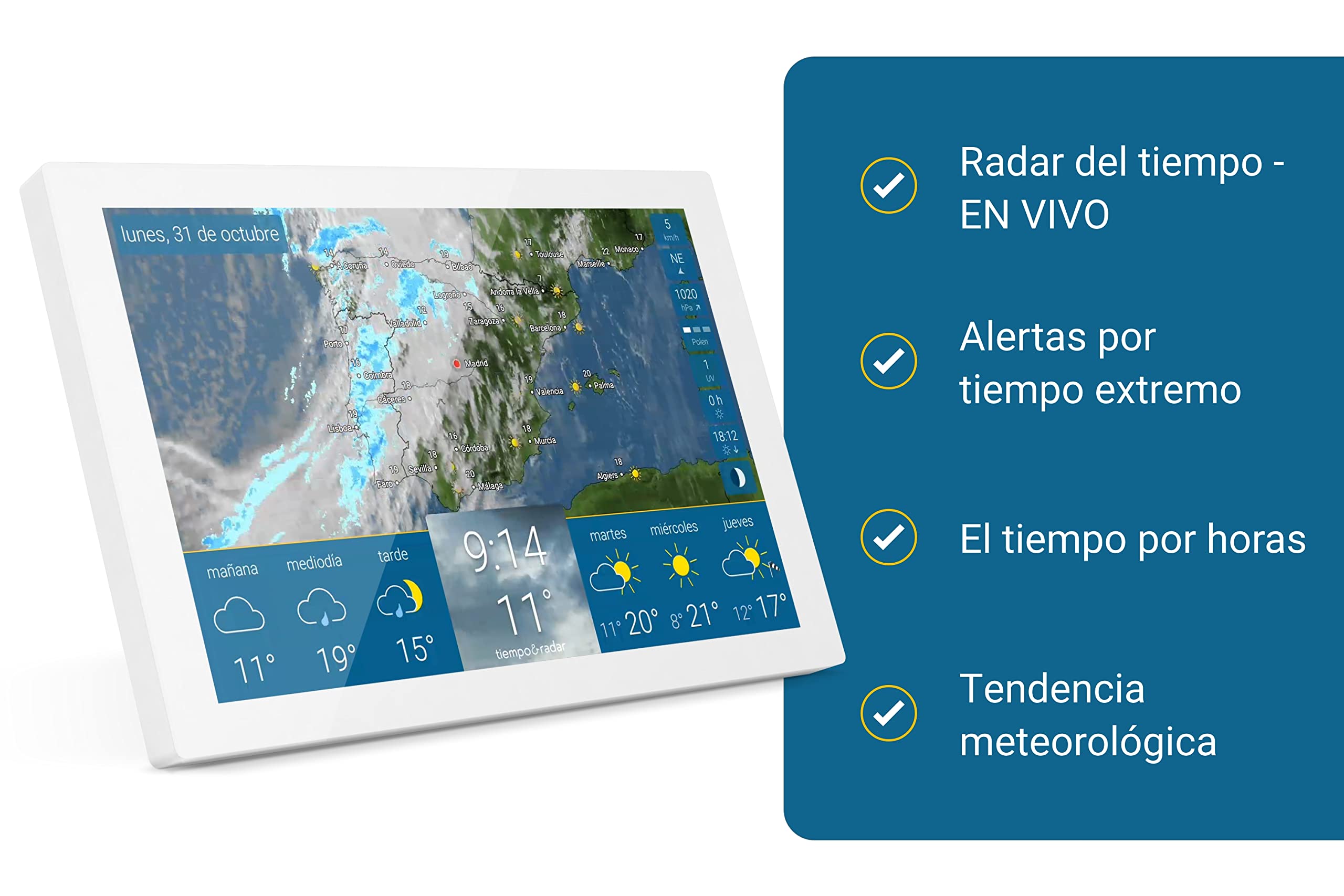 tiempo & radar home 2 – Estación meteorológica wifi inalámbrica táctil – Pronóstico y radar de lluvia, alertas, reloj digital, indicaciones de temperatura, viento