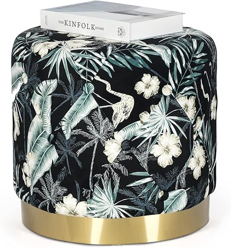 Miniatura 12 de Homebeez Otomana redonda de terciopelo, taburete de tocador, taburete reposapiés con botones con base dorada, 17.7 pulgadas de ancho (naranja)