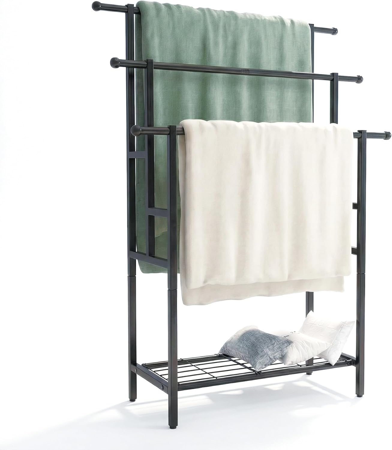 Free Standing Towel Rack, 3 Tiers Oversized Metal Ladder Holder with Storage Shelf, Black, for Bathroom Bedroom Living Room