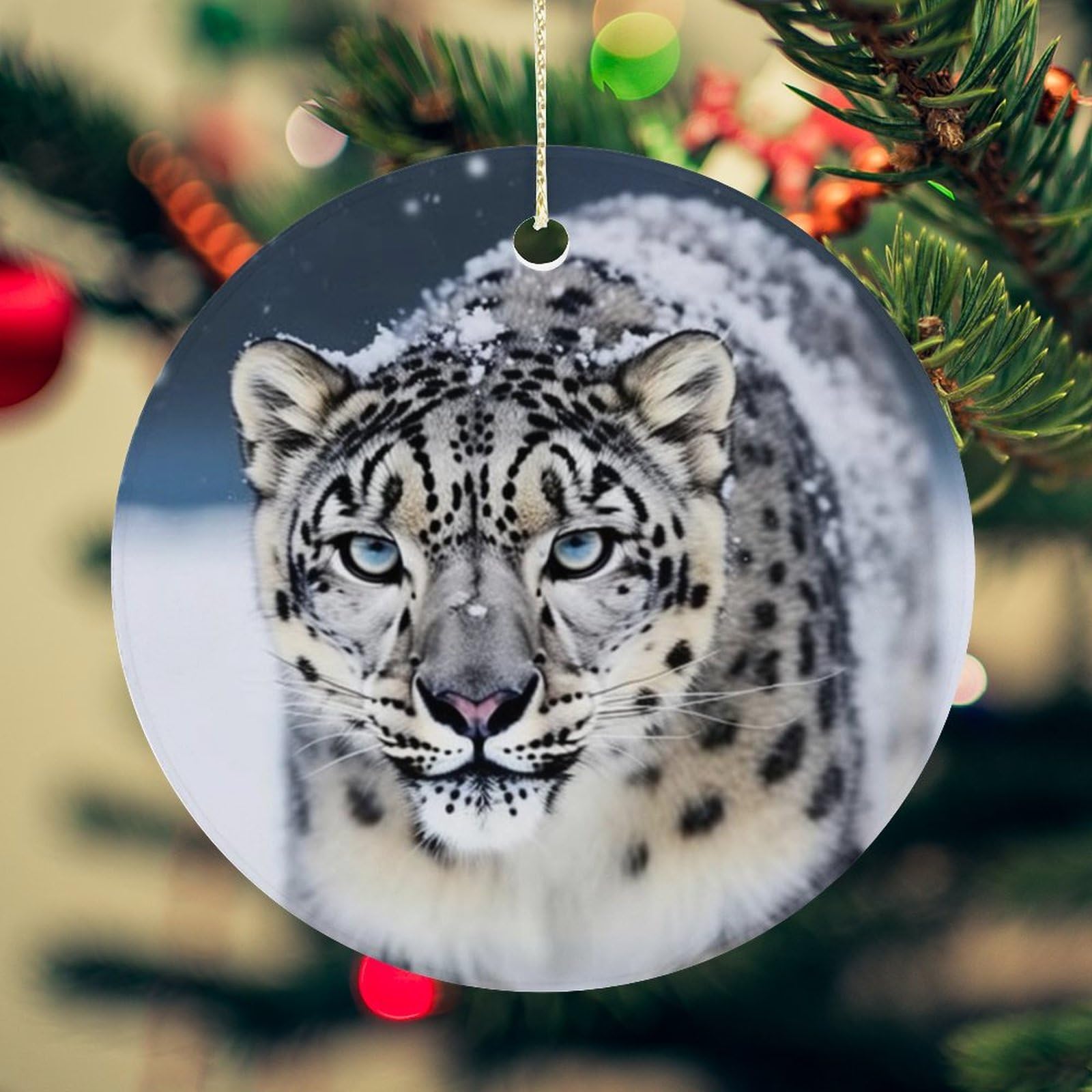 Blue Eyed Snow Leopard Christmas Ornament for Christmas Tree Ceramic Round Ornament Winter Holiday Keepsake Gift 2.7" Christmas Tree Hanging Decorations Circle Ceramic Pendant Xmas Gift