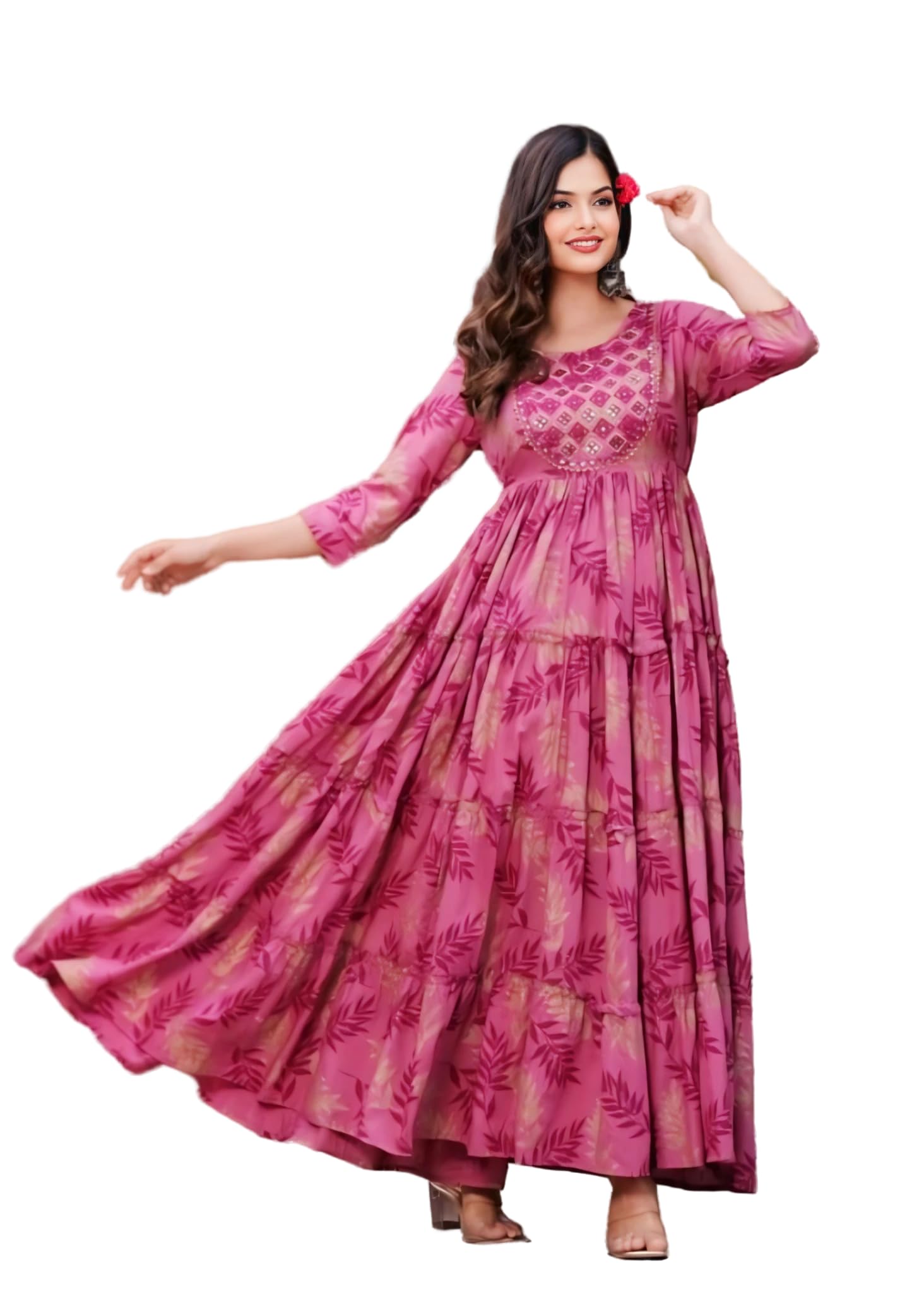 Women's Rayon Printed Anarkali Kurti | Festive Green & Pink Flared Long Dress &Frock