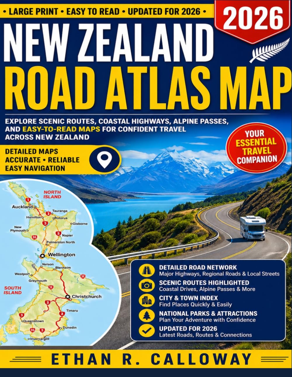 New Zealand Road Atlas Map 2026 Explore Scenic Routes, Coastal Highways, Alpine Passes, and Easy-to-Read Maps for Confident Travel Across New Zealand