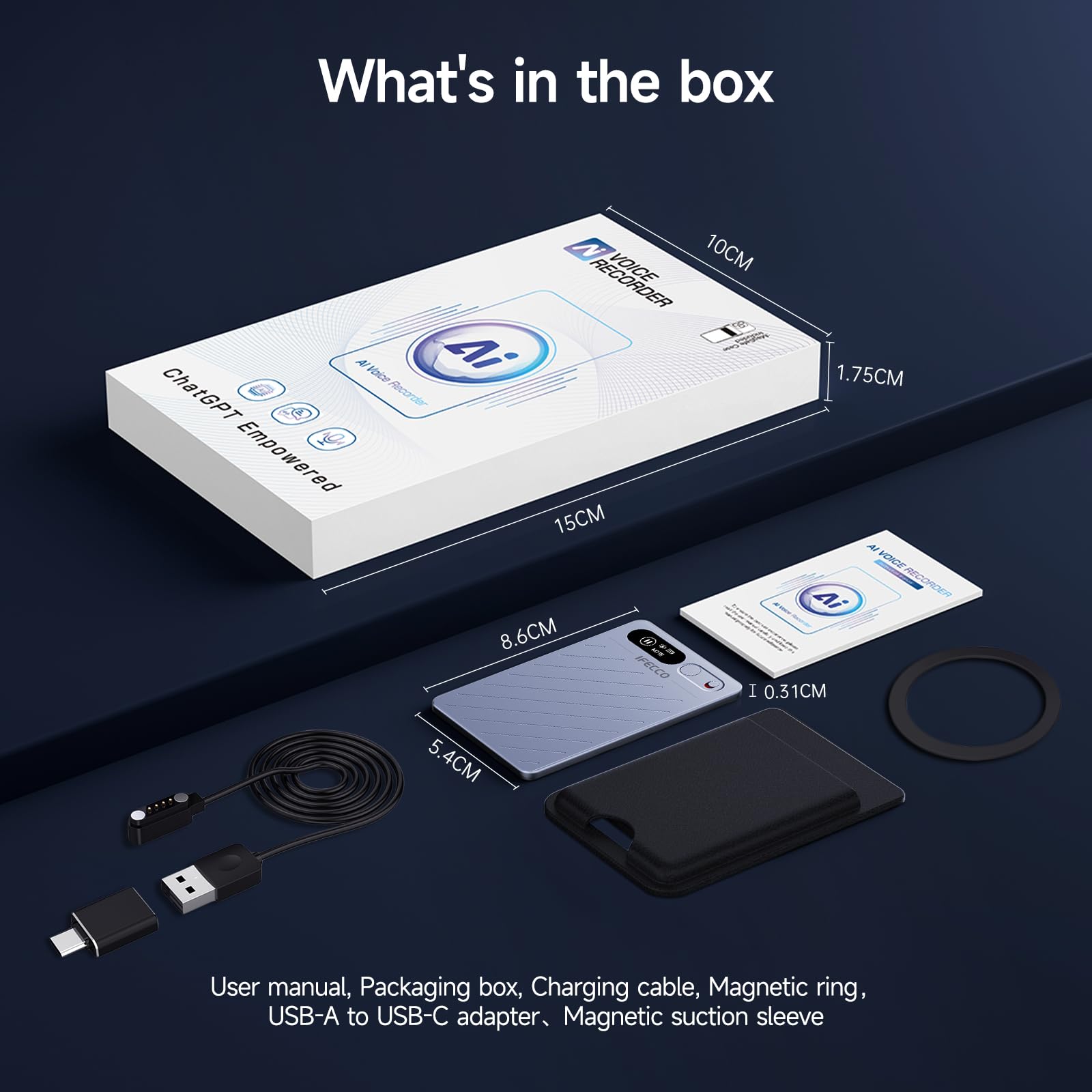 IFECCO AI Voice Recorder - Digital Voice Recorder Summarize with AI Technology, 64GB Memory, Support 152 Languages, App Control, Audio Recorder for Lectures Recorders, Meetings, Calls
