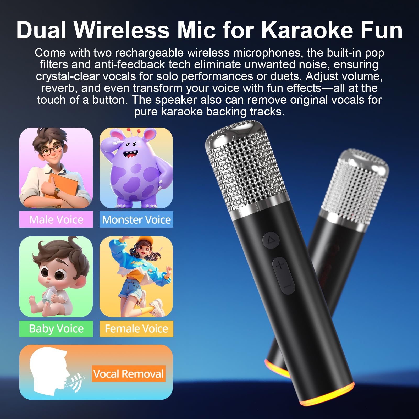 Altavoz Bluetooth portátil para Karaoke con 2 micrófonos inalámbricos, Luces RGB, Ajuste de Agudos y Graves, Efectos de Voz, AUX/USB/TF/OTG, Altavoz para Fiestas para Adultos y niños (Negro)