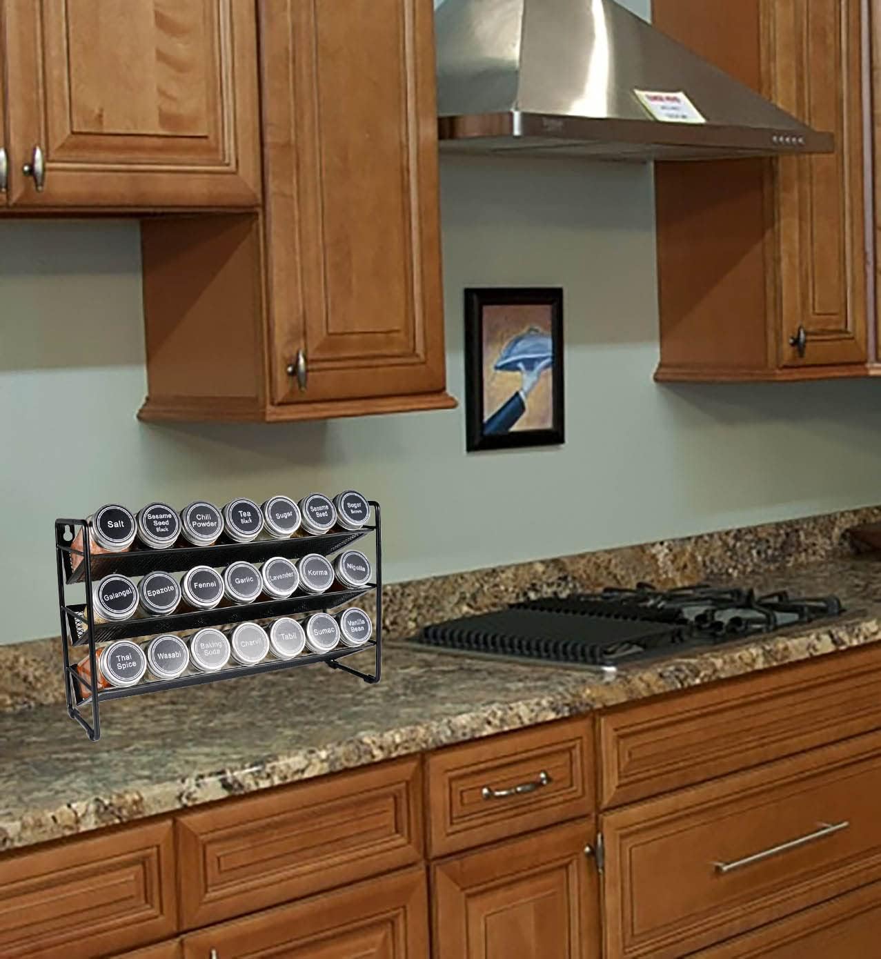 3 Tier Spice Rack Organizer with 48pcs Labels and Chalk Marker, Seasoning Organizer Shelf for Countertop, Kitchen Cabinet or Wall Mount, Black (Spice Jars are NOT Included)