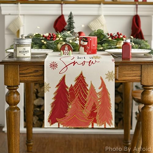 Miniatura 7 de Artoid Mode Árbol de Navidad rojo Let It Snow Snowflake Camino de mesa de invierno, decoración de mesa de comedor de cocina de Navidad para fiesta