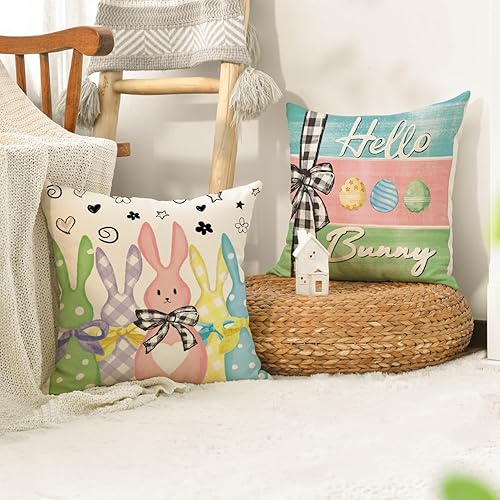 Miniatura 5 de AVOIN colorlife Juego de 4 fundas de cojín coloridas con diseño de huevos de conejo de Pascua, 18 x 18 pulgadas, diseño de rayas de Pascua feliz