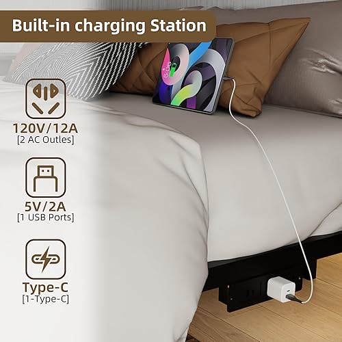Miniatura 4 de Marco de Cama Flotante Full Size con Estación de Carga y Luces LED, Marco de Cama de Plataforma de Metal, No Necesita Somier, Fácil Montaje, (Full)