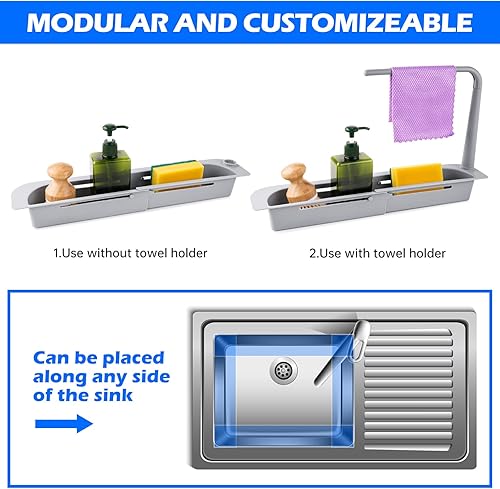 Miniatura 5 de NiHome Organizador telescópico de cocina sobre el fregadero con colgador de toallas, cesta de drenaje delgada expandible, multifuncional, longitud