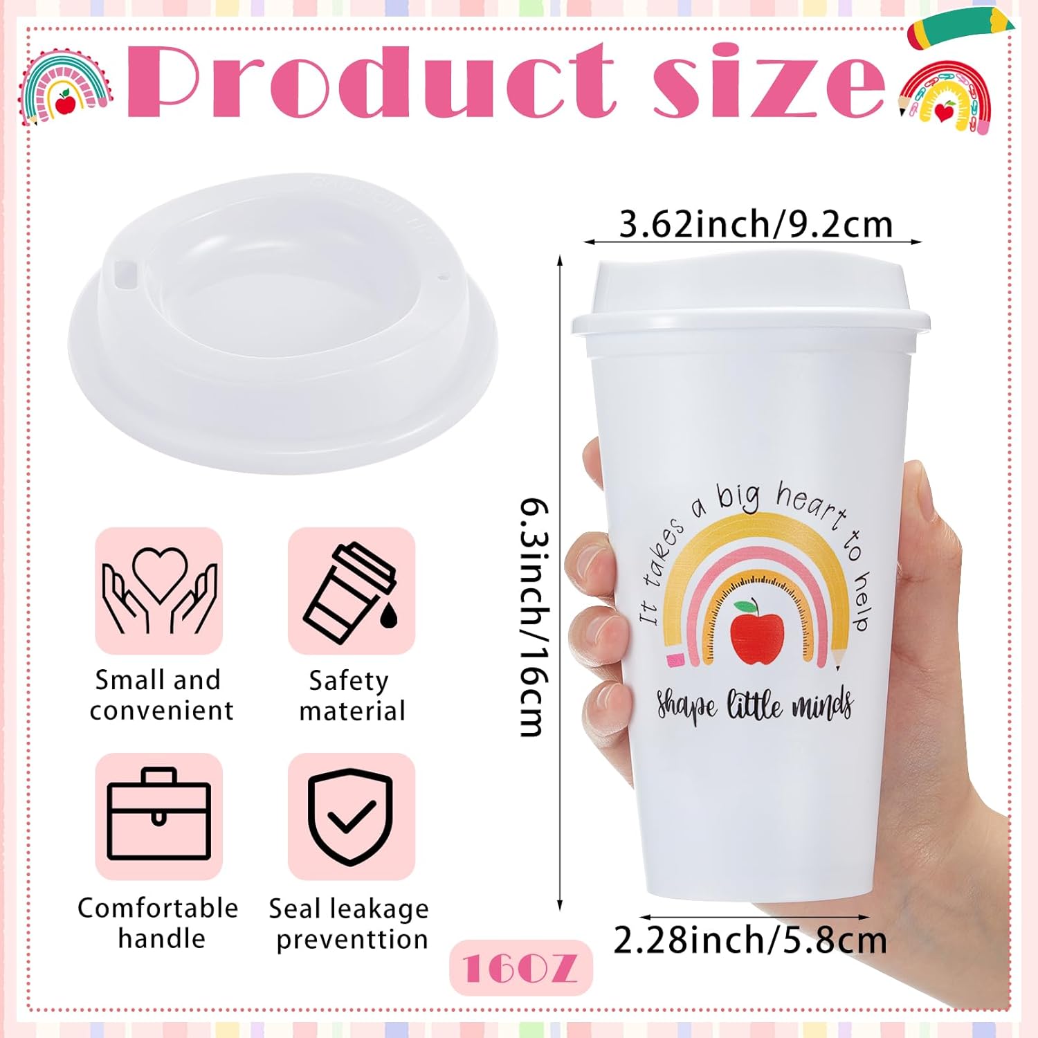 Skylety 48 Pcs Teacher Appreciation Gifts Bulk Thank You Teacher Gifts 16 oz Coffee Cups with Lids for Preschool, Daycare, Kindergarten, Back to School (White,Cute Rainbow)