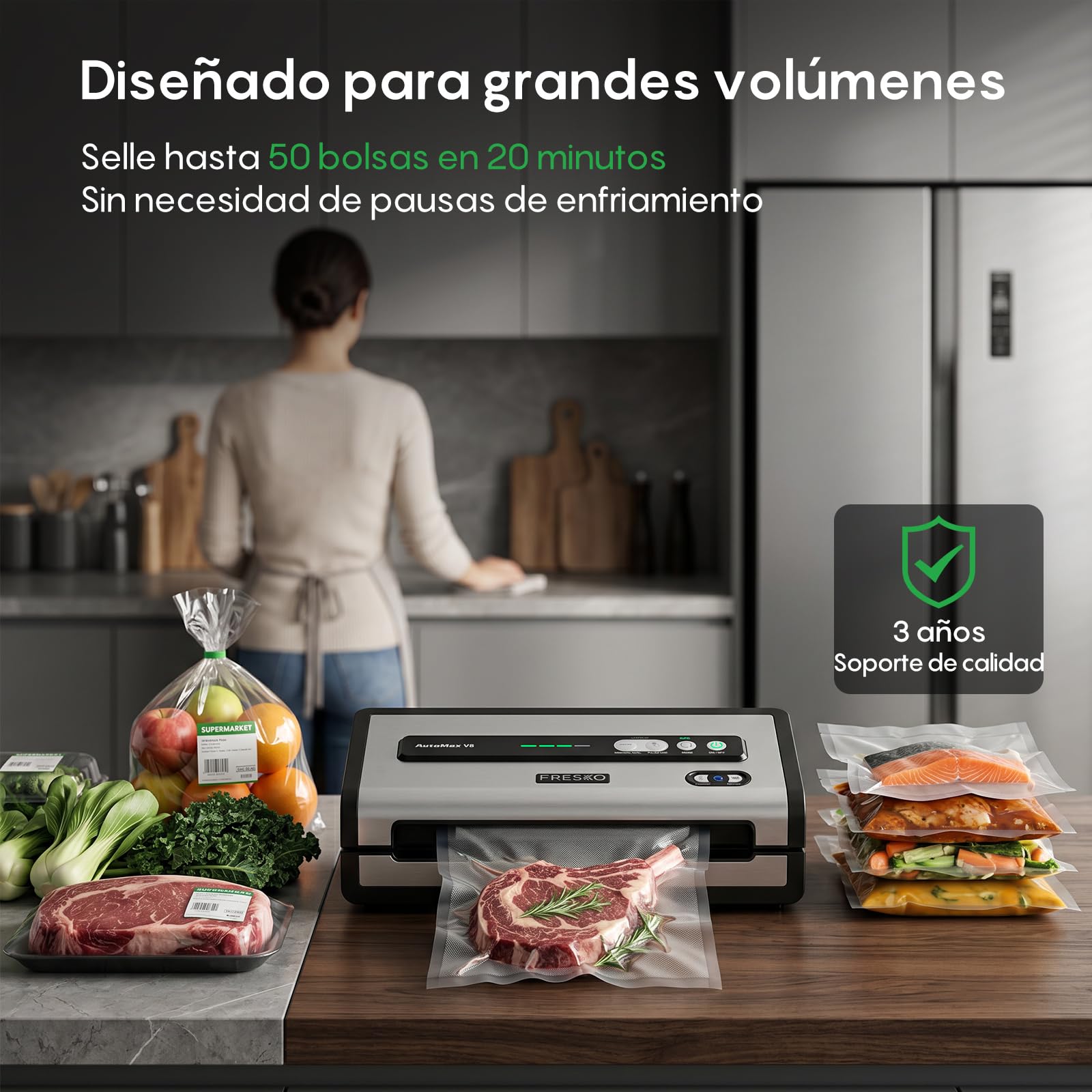 FRESKO Envasadora al vacío automática, 18 L/min de succión Turbo, manejo con un botón, 1 rollos de bolsas, 10 bolsas al vacío con cortes previos, V8 AutoMax