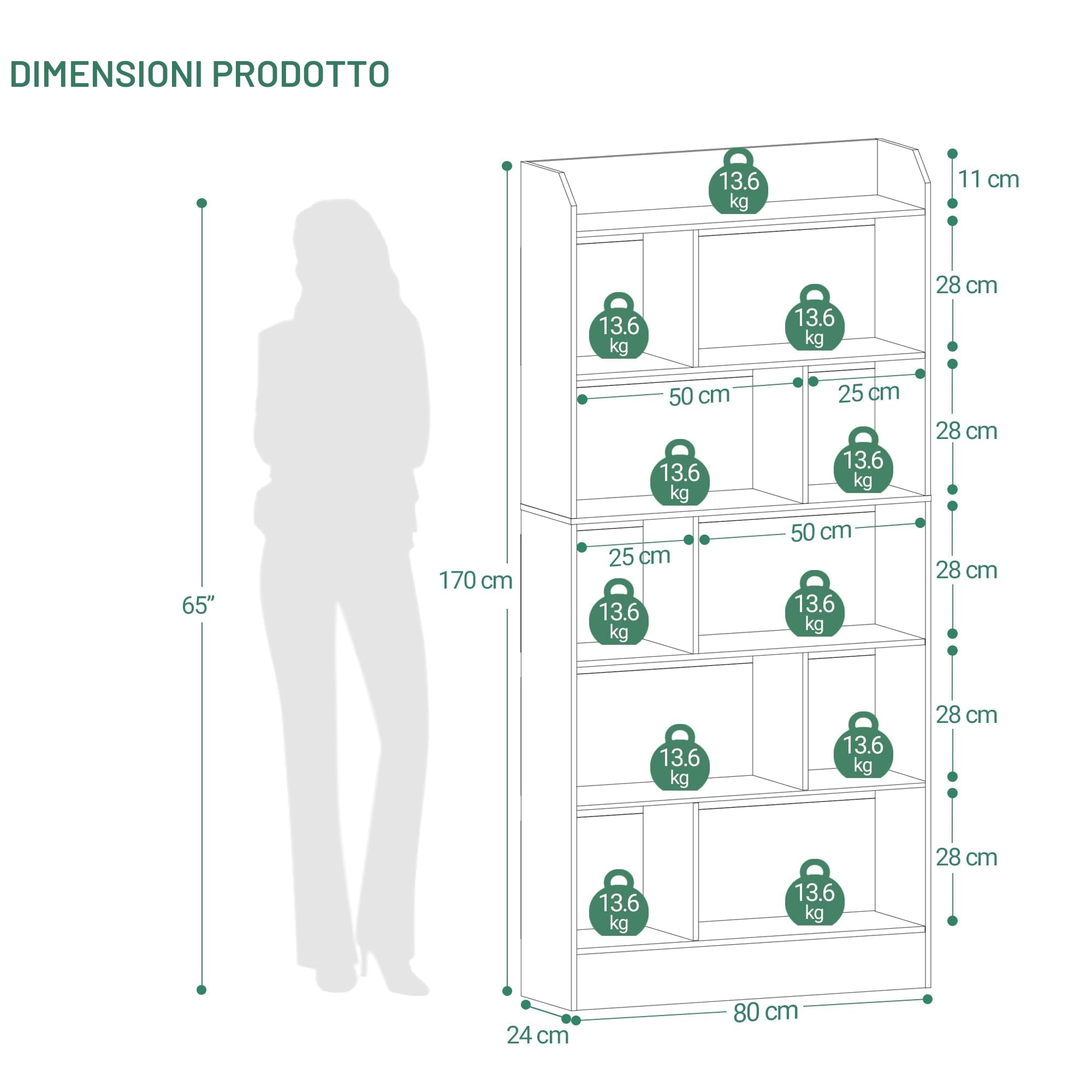 Hzuaneri Libreria a 6 Ripiani, Scaffale con Scomparti e Ripiani Aperti, Organizzatore, Libreria Verticale Mobiletto Multiuso per Soggiorno, Camera da Letto, Studio, 24 x 80 x 170 cm, Bianco BC22803X
