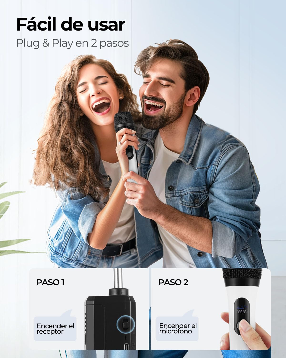ALPOWL Micrófono inalámbrico, Micrófono Bluetooth dinámico Dual Digital con Receptor Recargable, Alcance de 60M, micrófono para Cantar, Karaoke, reuniones, Iglesia, Boda