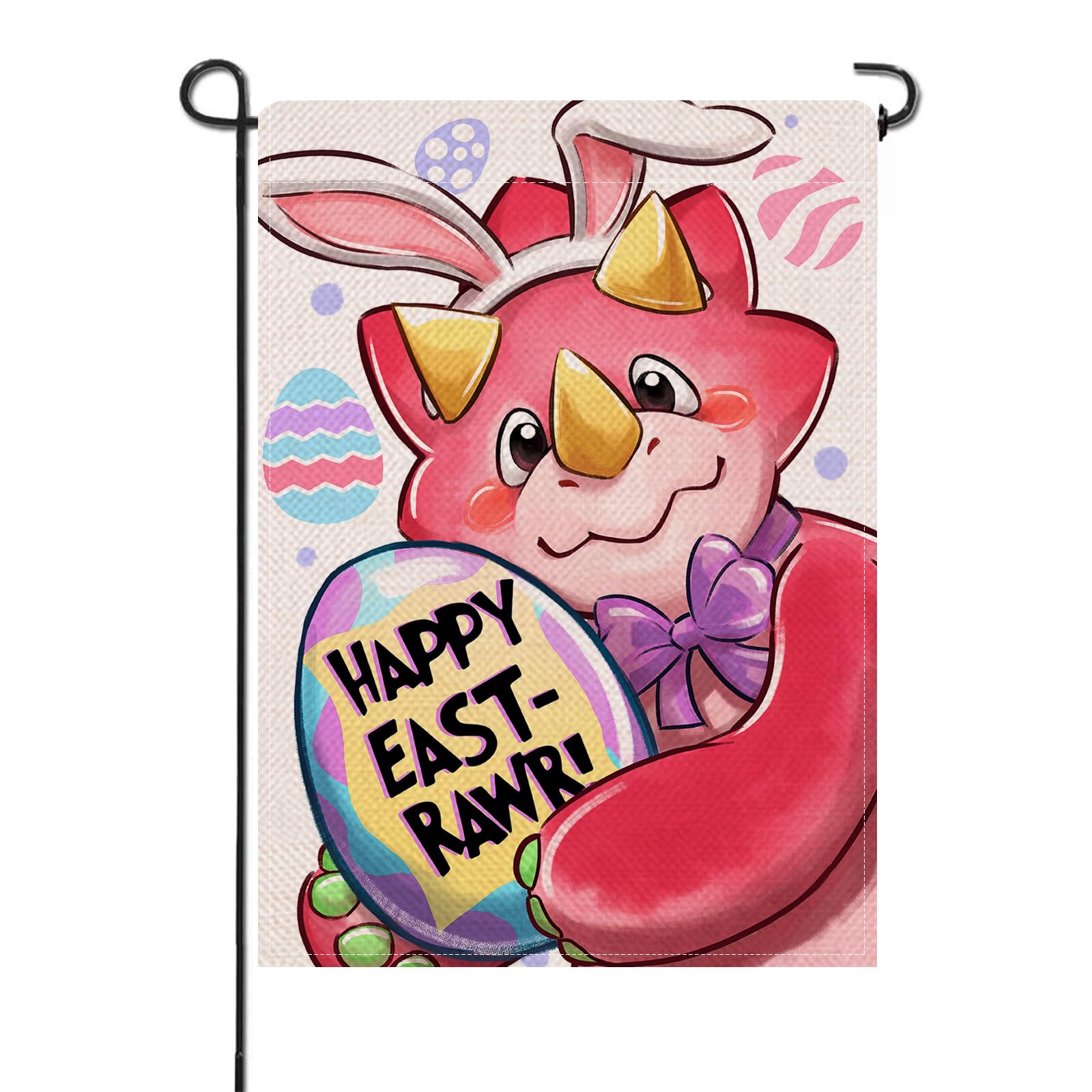 Artofy Happy Easter Rawr Dinosaur Small Decorative Garden Flag, Cute Cartoon Dino Easter Egg Yard Lawn Outside Decor, Spring Burlap Outdoor Home Decoration Double Sided 12 x 18