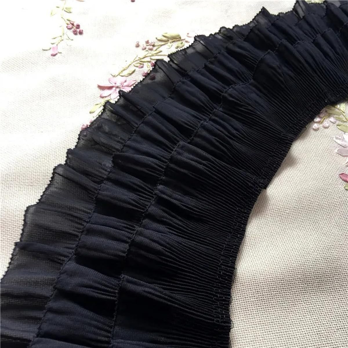 12cm/4.72in Wide 3-Layer Pleated Ruffle Trim, 1yard Luxury Chiffon Ruffle Trim for Clothing Sewing, Wedding Dress - Black