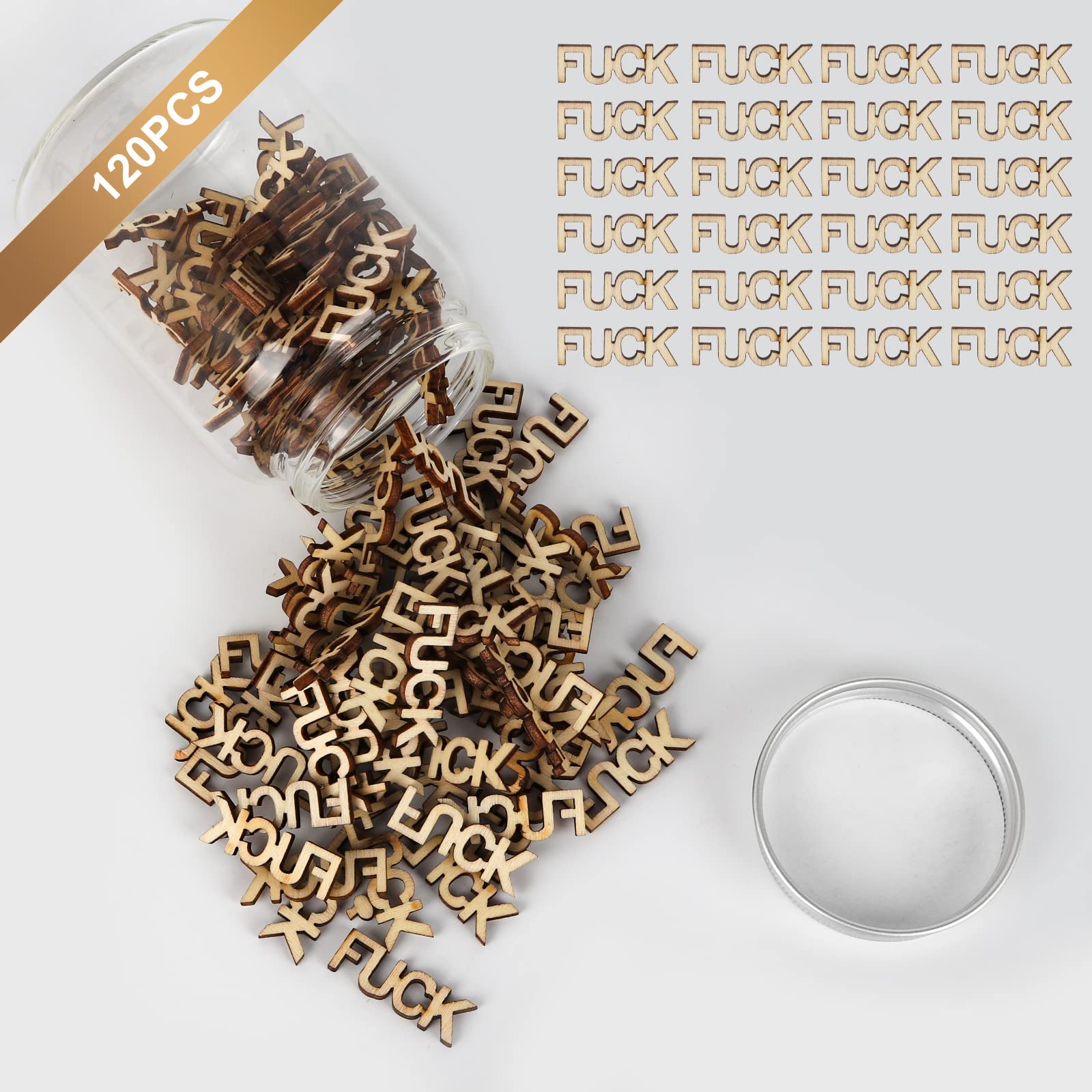 Fucks to Give,120Pcs Fucks Wooden Cutouts Letter Piece, Fucks Jar(9oz) Gift for Valentine's Day Brithday Anniversary Chrismas Holiday.