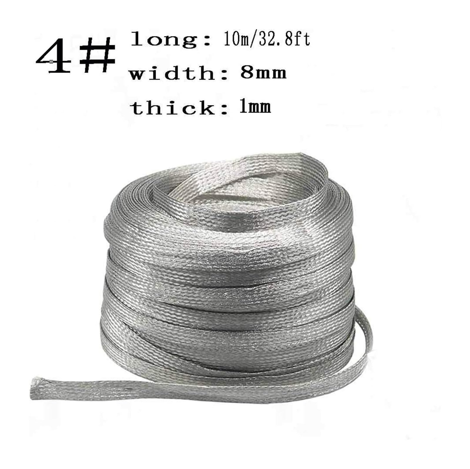 Pleciony drut miedziany, Płaski pleciony drut miedziany cynowany srebrny 1mm x (5-8) mm 10m(4#:1mmX8mmx10m/32.8ft)