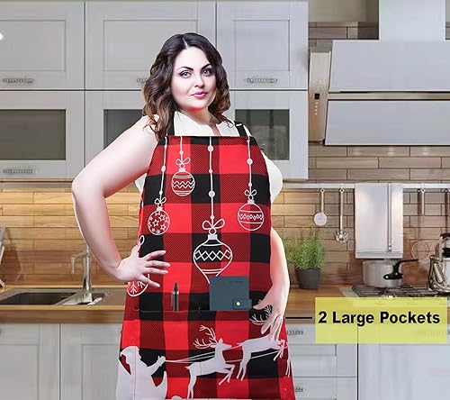 Miniatura 4 de Delantal de Navidad con 2 bolsillos, diseño de tartán rojo y negro, ajustable, con 2 bolsillos, extra grande, cocina, para mujeres y hombres
