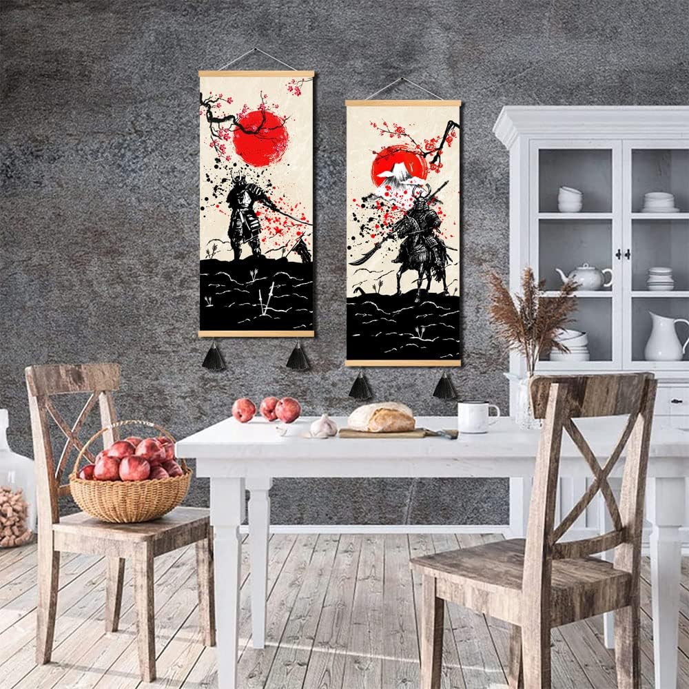 MBOUFOEY 2 Pieces Red Black Ancient Japan Warrior and Fuji Mountain Scroll Painting Samurai Canvas Wall Art Print Poster Ready To Hang Vintage Style Artwork Home Decor 12"x32"x2pcs