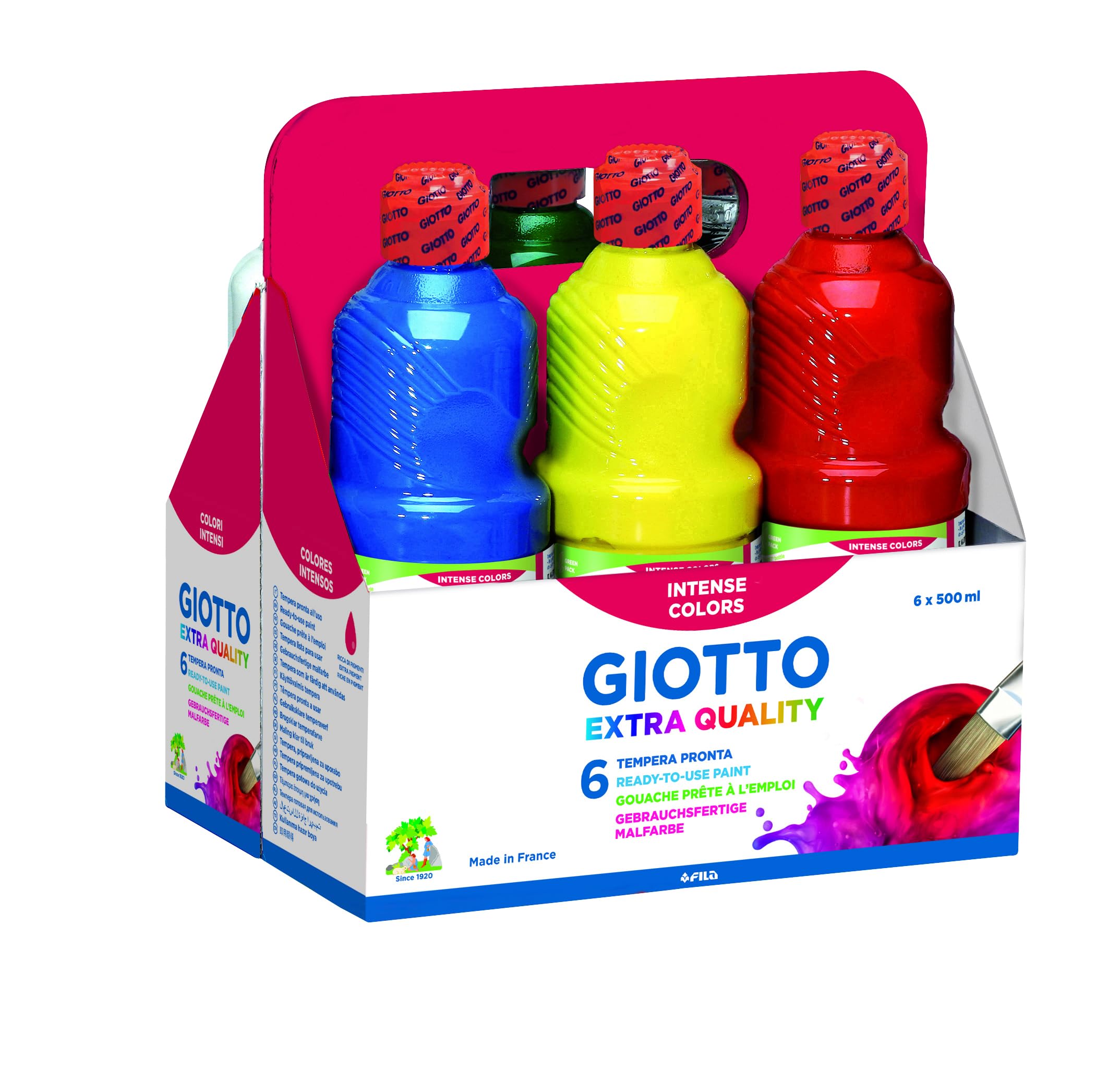 Giotto Extra Quality - Confezione da 6 Flaconi di Tempera Pronta, 500ml, 6 Colori Assortiti