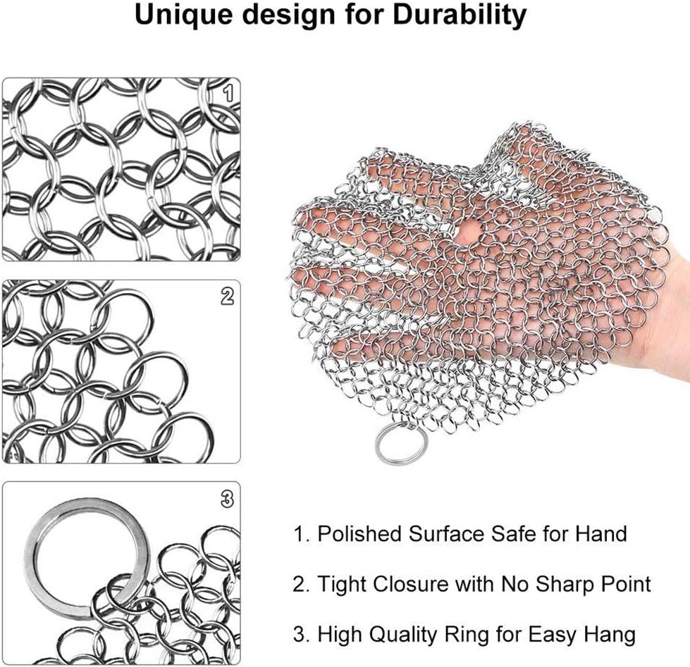 Cast Iron Cleaner 7”x7” Round 316 316 Stainless Steel Chainmail Scrubber Pan Scraper Cookware Accessories Pan Dutch Ovens Polycarbonate Skillet Scraper Pot Grill Brush Seasoning Cleani- 7X7 inch/Round: Home & Kitchen