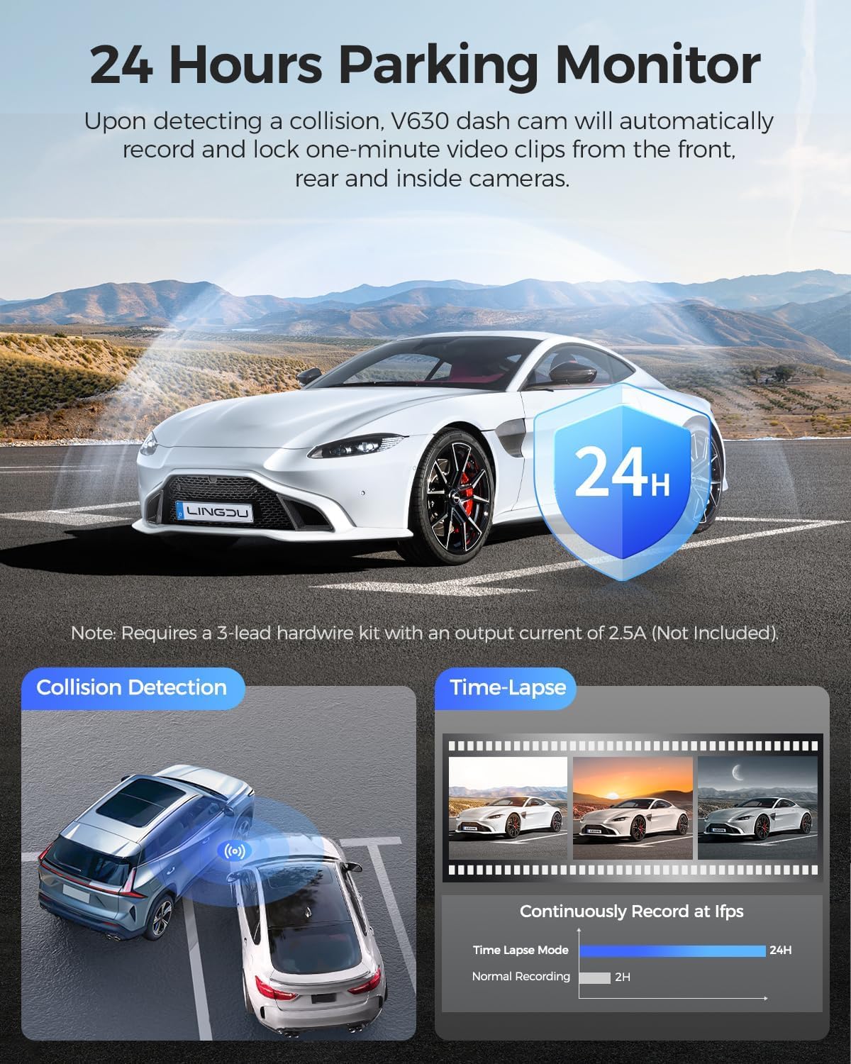 Cámara de Coche WiFi GPS 4K de 3 Canales, 4K+1080P+1080P Dashcam Camara Coche con Visión Nocturna IR, Control de Voz, Tarjeta SD de 64GB, Pantalla IPS de 2.4", Monitor de Aparcamiento 24H V630