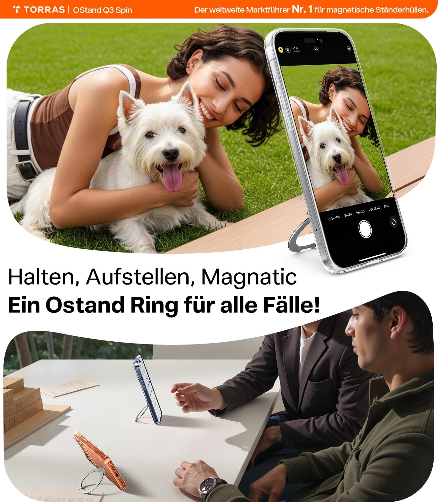 TORRAS für iPhone 17 Pro Max Hülle + Panzerglas, Q3 Spin Hülle mit 360° Ständer Transparent, 18N für MagSafe, 3,66 m Militär-Fallschutz + 2 Stück 9H+ Full Screen Schutzfolie, Auto-Montage, Kratzfest,
