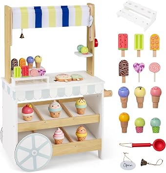 COSTWAY Kids Ice Cream Cart, 2 in 1 Wooden Grocery Store Playset with Display Shelves, Freezer, Bell, Role Play Dessert Shop Trolley for Ages 3+