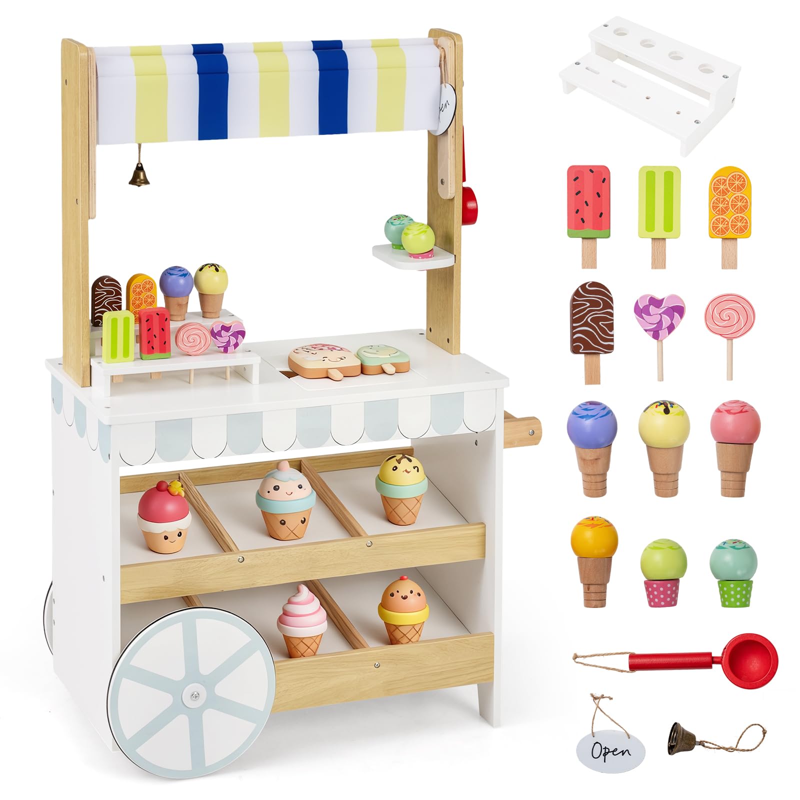 COSTWAY Kids Ice Cream Cart, 2 in 1 Wooden Grocery Store Playset with Display Shelves, Freezer, Bell, Role Play Dessert Shop Trolley for Ages 3+