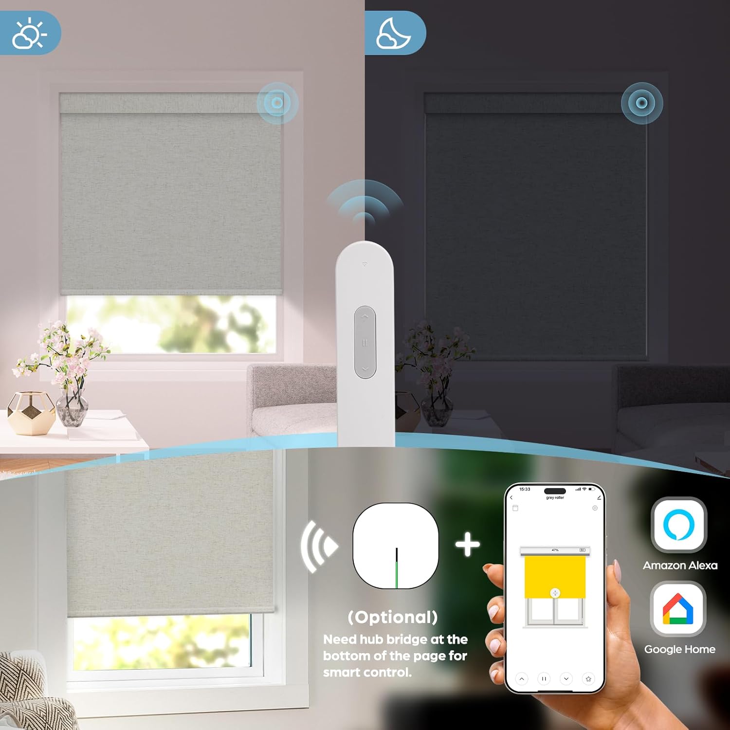 No-Drill No-Tools Motorized Roller Blinds【Solar Panel Included】 with Remote Control 100% Blackout Grasscloth Fabric Smart Blinds Windows Cordless Compatible with Alexa Beige,47W×72“H