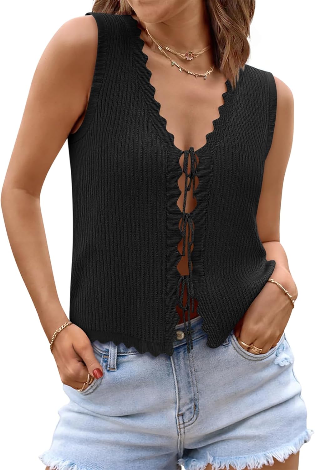 Womens Tie Front Tops Trendy 2026 Summer V Neck Sleeveless Sweater Vests Fashion Cute Crochet Knit Tops