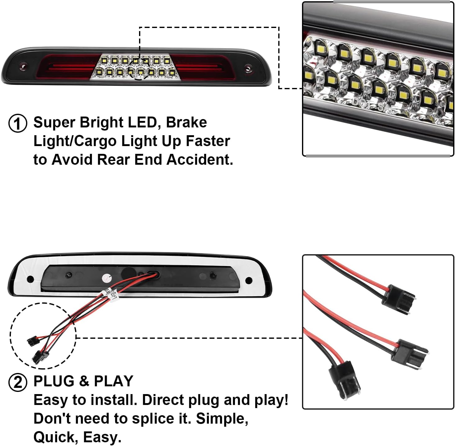 3rd Third Brake Lights LED Compatible with F1501994-1996 F250/F350 1994-1997/for Bronco 1992-1996 High Mount Stop Light Assemblies White Cargo& Red Brake (RedLens)