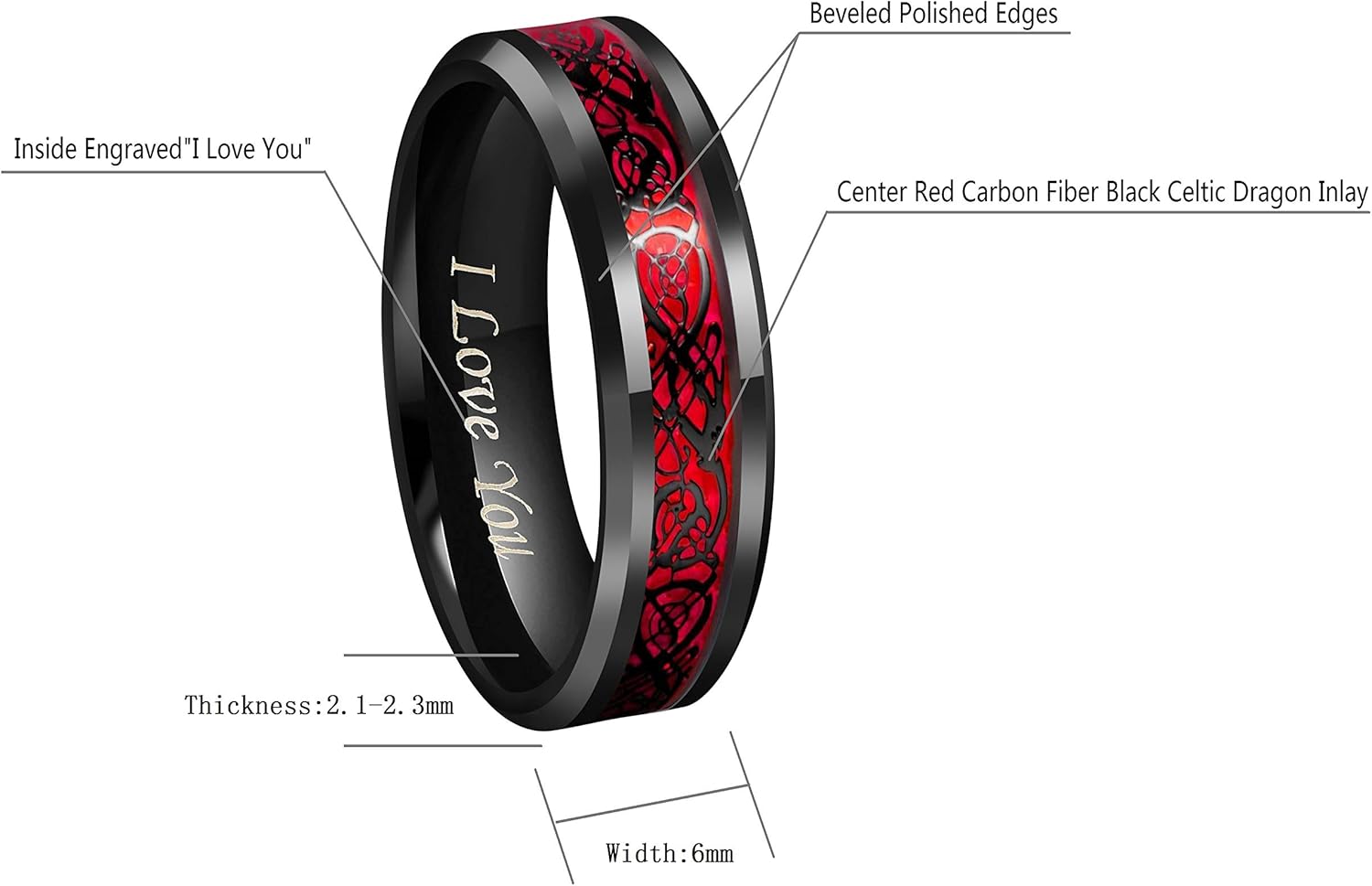 CROWNAL Black Dragon Men Black Tungsten Carbide Ring Wedding Band 6mm 8mm 10mm Red Carbon Fiber Black Celtic Dragon Inlay Engraved I Love You Size 7 to 17