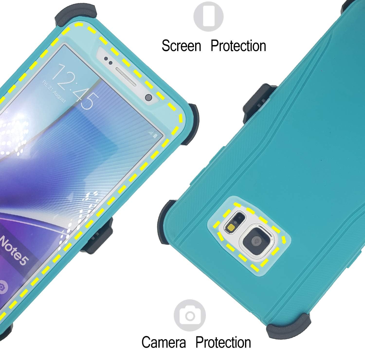Vodico Samsung Galaxy Note 5 Phone Case with Screen Protector, Defender Holster with Belt Clip Heavy Duty Shockproof Military Grade Non Silp Scratch Resistant Bumper Full Body Protective Cases (Aqua)