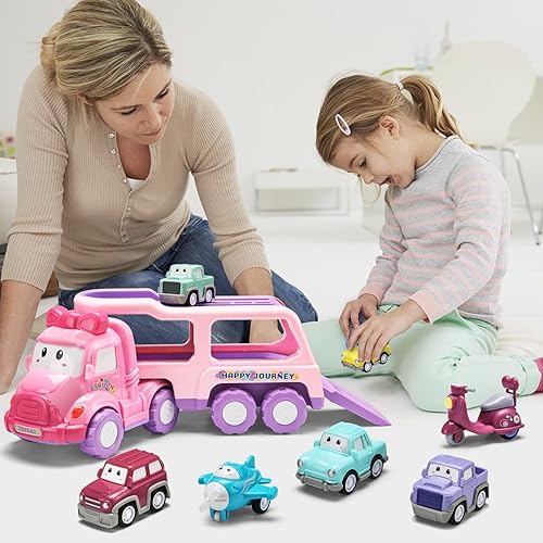 Miniatura 7 de Vehículo de juguete de dibujos animados para niña pequeña, camión transportador rosa 9 en 1 para bebés, automóvil de transporte de energía de