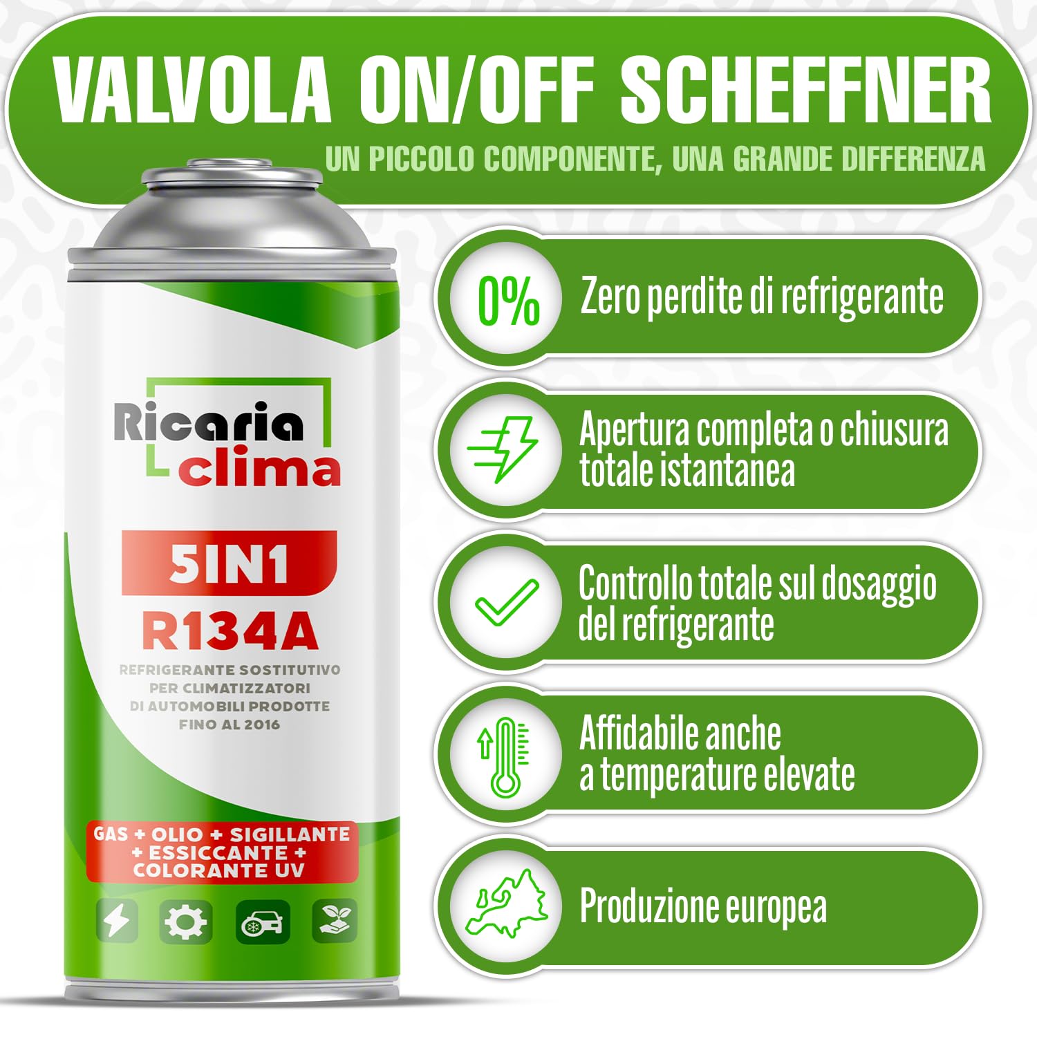 5-in-1 R1234yf x5 – Refrigerante per climatizzatori auto + tubo e adattatore YF – Applicazione rapida – Protegge il compressore – 235 g per confezione