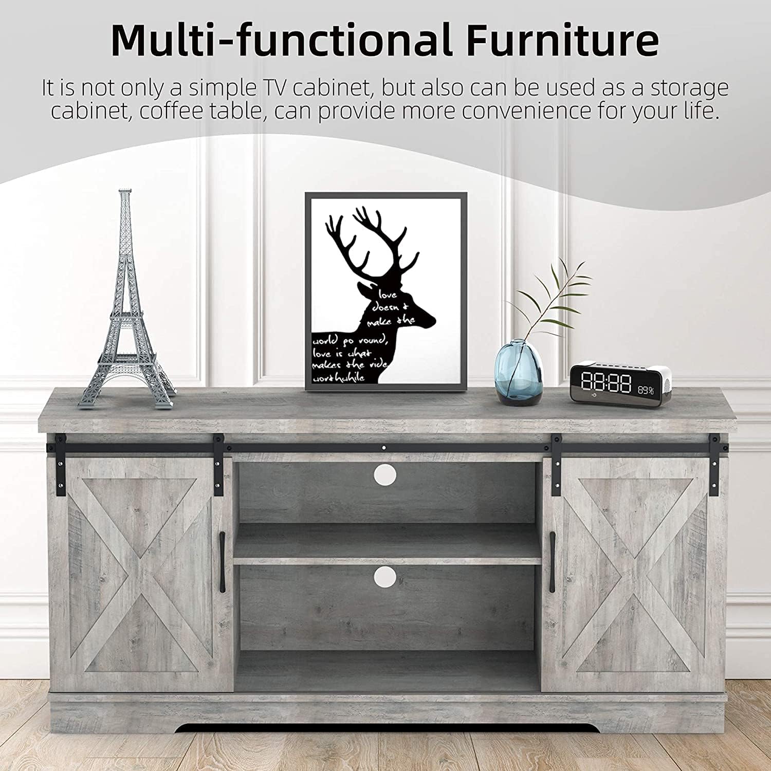 TV Stand for 65 Inch Television, Farmhouse Sliding Barn Door TV Stand, 59 Inch Modern Entertainment Center, Home Living Room Storage Table with Movable Shelf, Brown