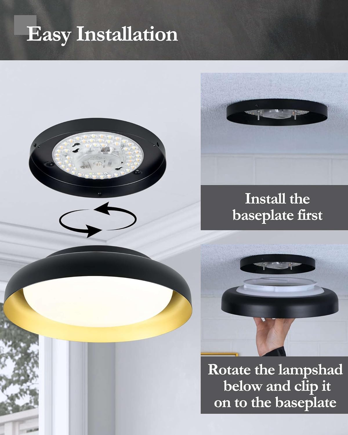 Ken & Ricky Flush Mount Ceiling Light Fixture, Led Dimmable 24w for Bedroom Kitchen Bathroom Laundry Hallway Entryway,Remote Control (Black and Gold,12Inch,1PK)