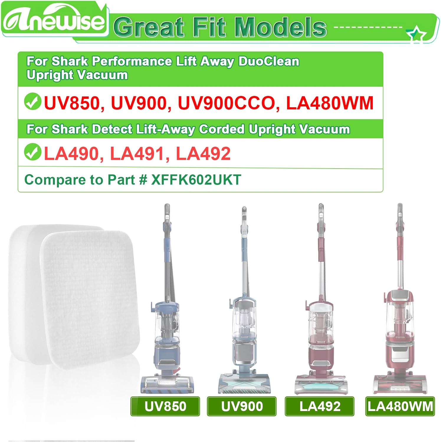 4 Pack UV850 UV900 Filter Replacement for Shark Performance Lift-Away UV900 UV850 LA480WM UV950 DuoClean PowerFins Detect LA490 LA491 LA492 Upright Vacuum, Part XFFK602UKT Foam & Felt filters - Image 2