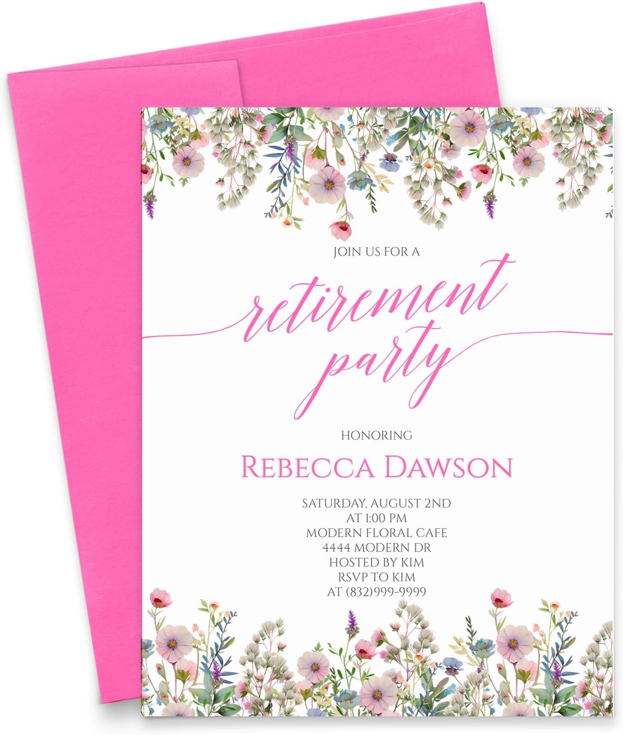 Cute Pink and Purple Watercolor Wildflower Retirement Party Invites, Spring Wildflowers Retirement Dinner Invitations with Envelopes for Adults, Your choice of Quantity and Envelope Color
