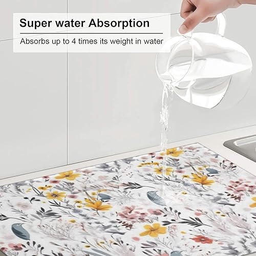 Miniatura 6 de Tapete de secado de platos de flores de pájaro para encimera de cocina, almohadilla de secado absorbente de cocina, reutilizable, lavable, protector