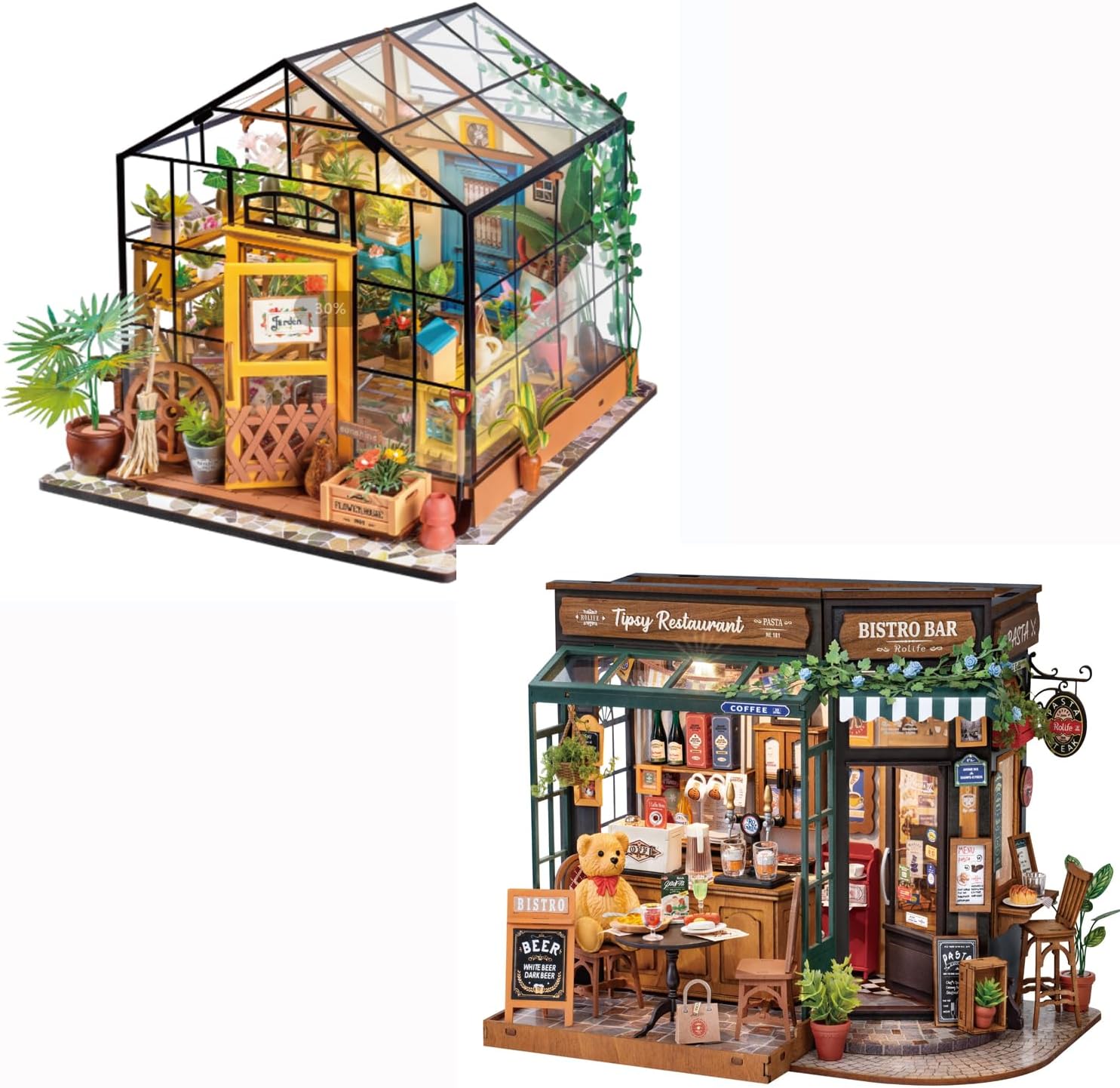 ROBOTIME DIY Dollhouse Wooden Miniature Furniture Kit Cathy's Flower House& Tipsy Restaurant