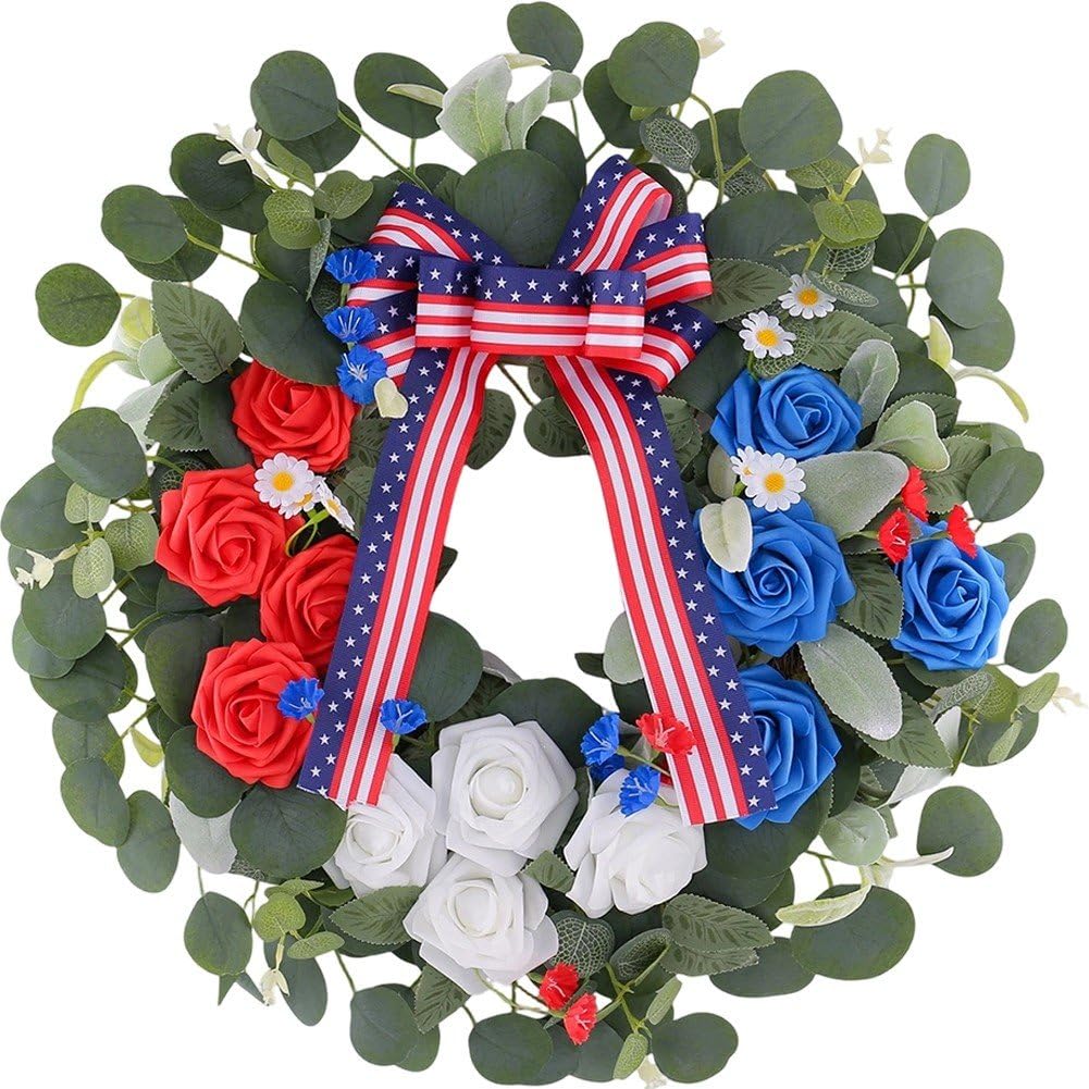 Fituenly 4th of July Patriotic Wreath for Front Door, Red White and Blue Independence Day Door Hanging, Memorial Day Decor for Porch Wall Home