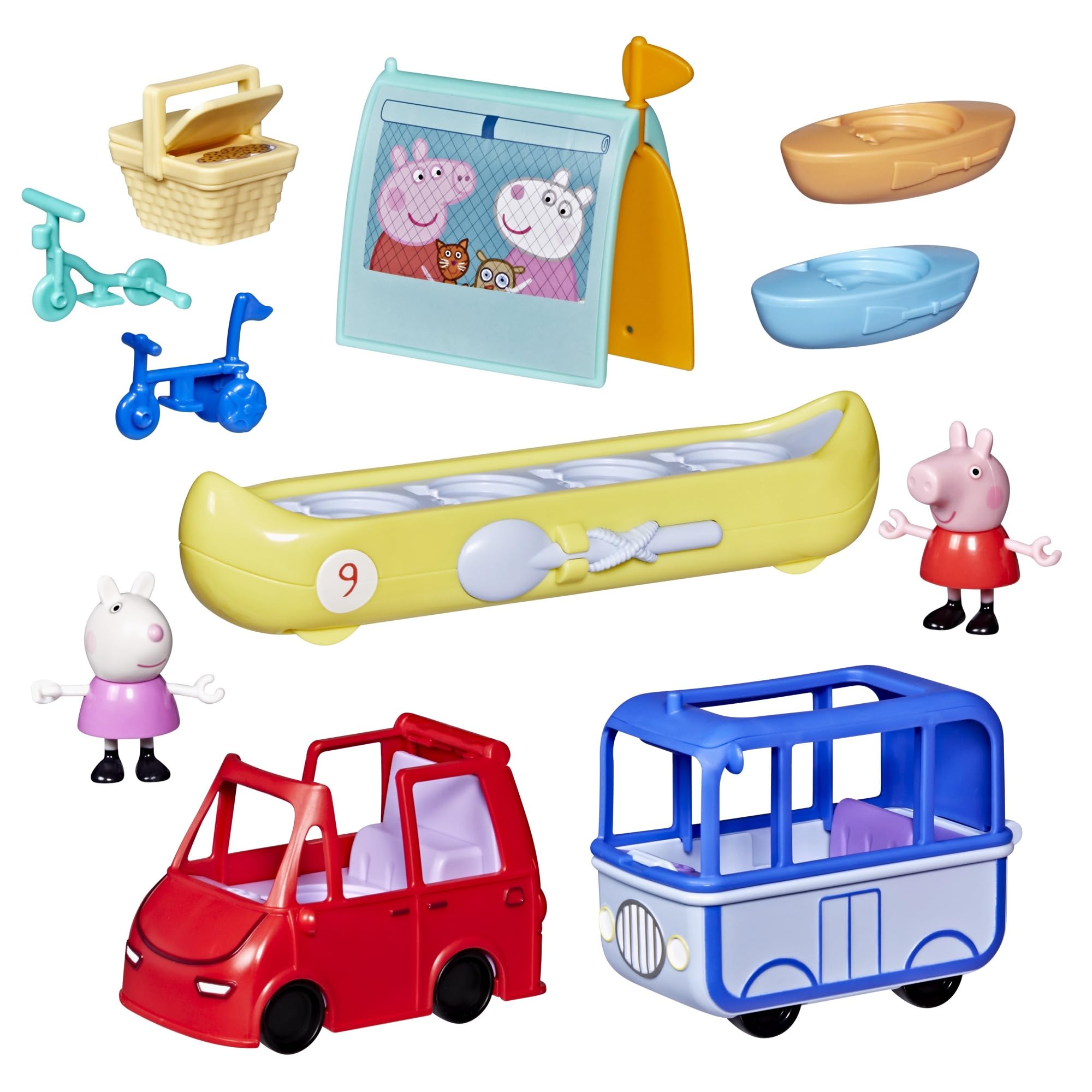 Peppa Pig Peppa's Travels: Outdoor Adventure Playset, 2 Figures with Mini Car and Bus, Boats, Tent and More, Preschool Toys for Girls and Boys Aged 3+