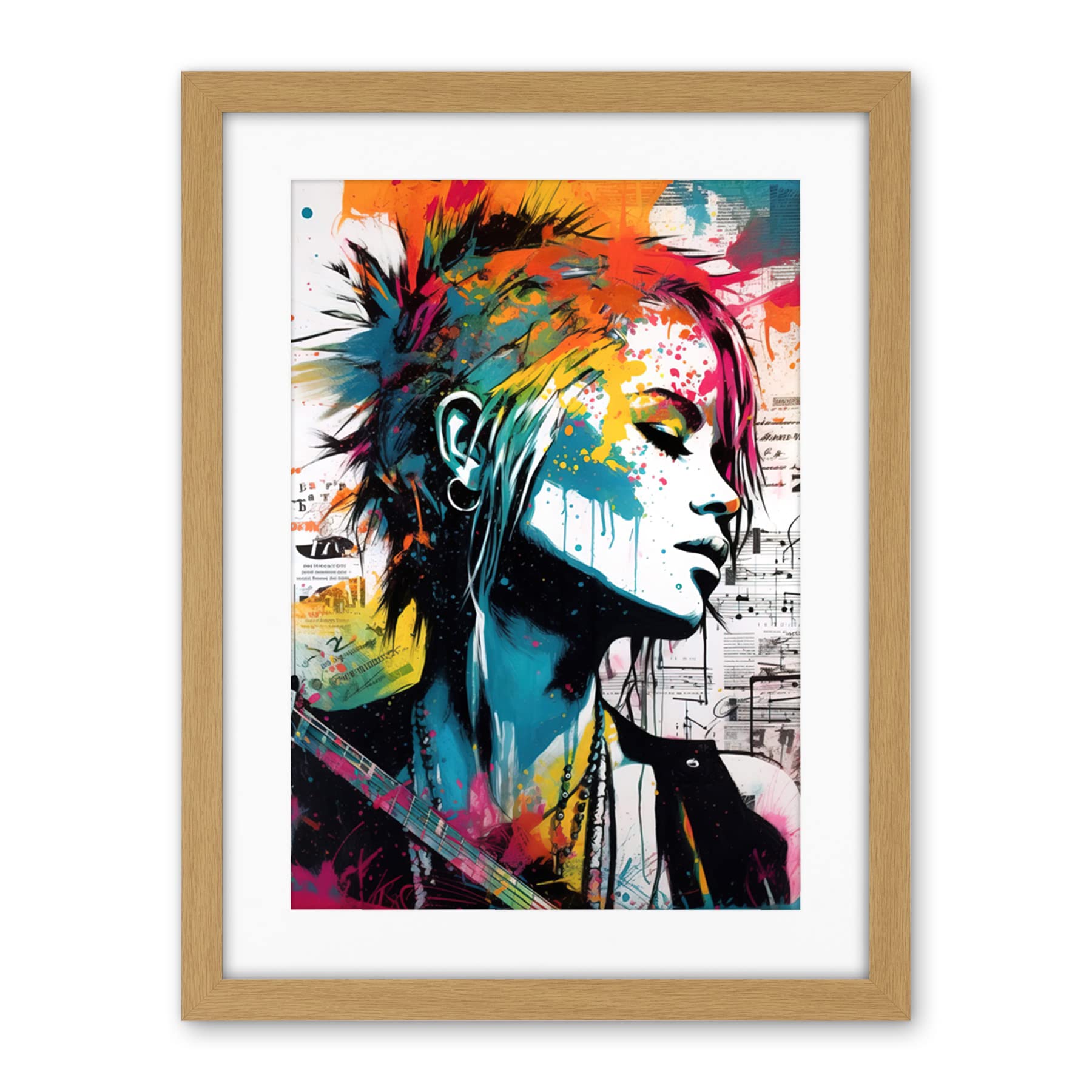 Artery8 Emo Woman Electric Guitar Sheet Music Upcycle Art Splatter Paint Modern Painting Artwork Framed Wall Art Print 18X24 Inch