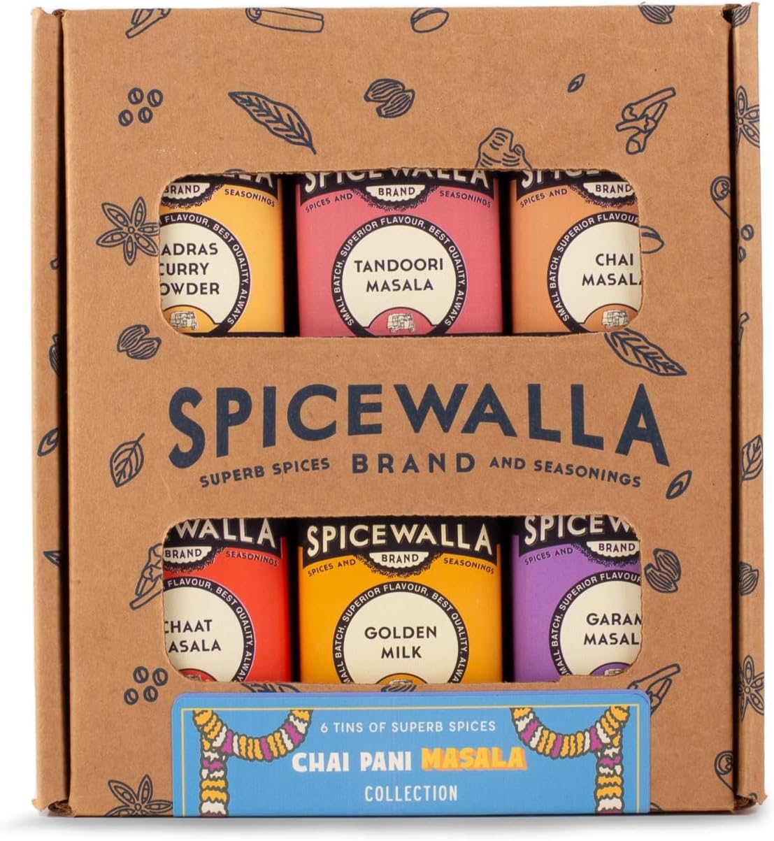 Masala Indian Spice 6 Pack | Chai Masala, Tandoori Masala, Garam Masala, Chaat Masala, Chai Masala, Madras Curry Powder | Non-GMO, Indian Spices Gift Set