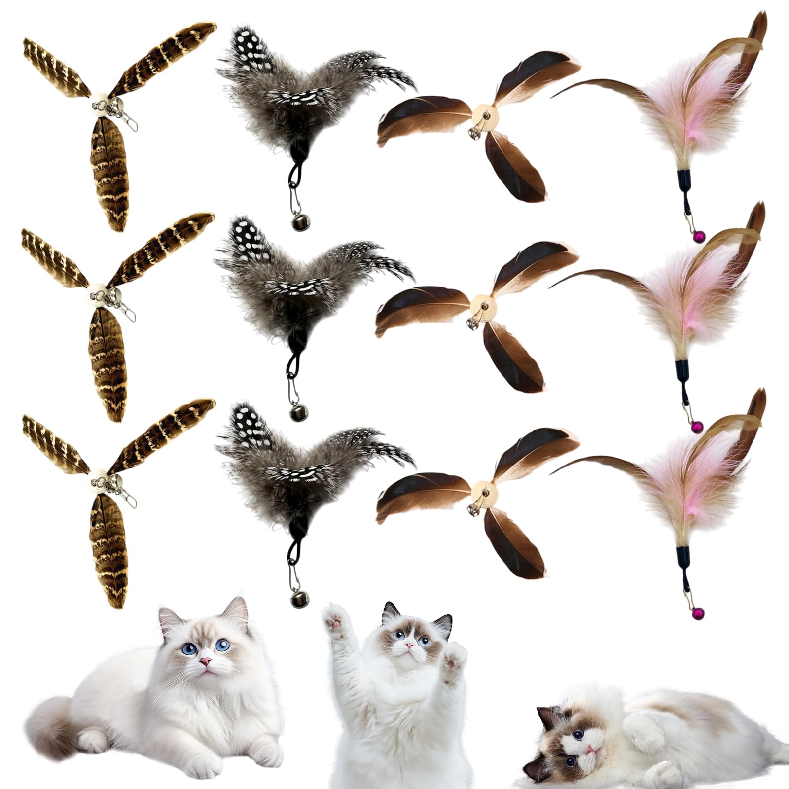 HEUIOP 12 Pcs Cat Feather Toy Replacements, Interactive Cat Toy with Natural Feathers, Interactive Teaser Wand Attachments with Bells for Indoor Cats Durable Detachable Feather Bells Replacements
