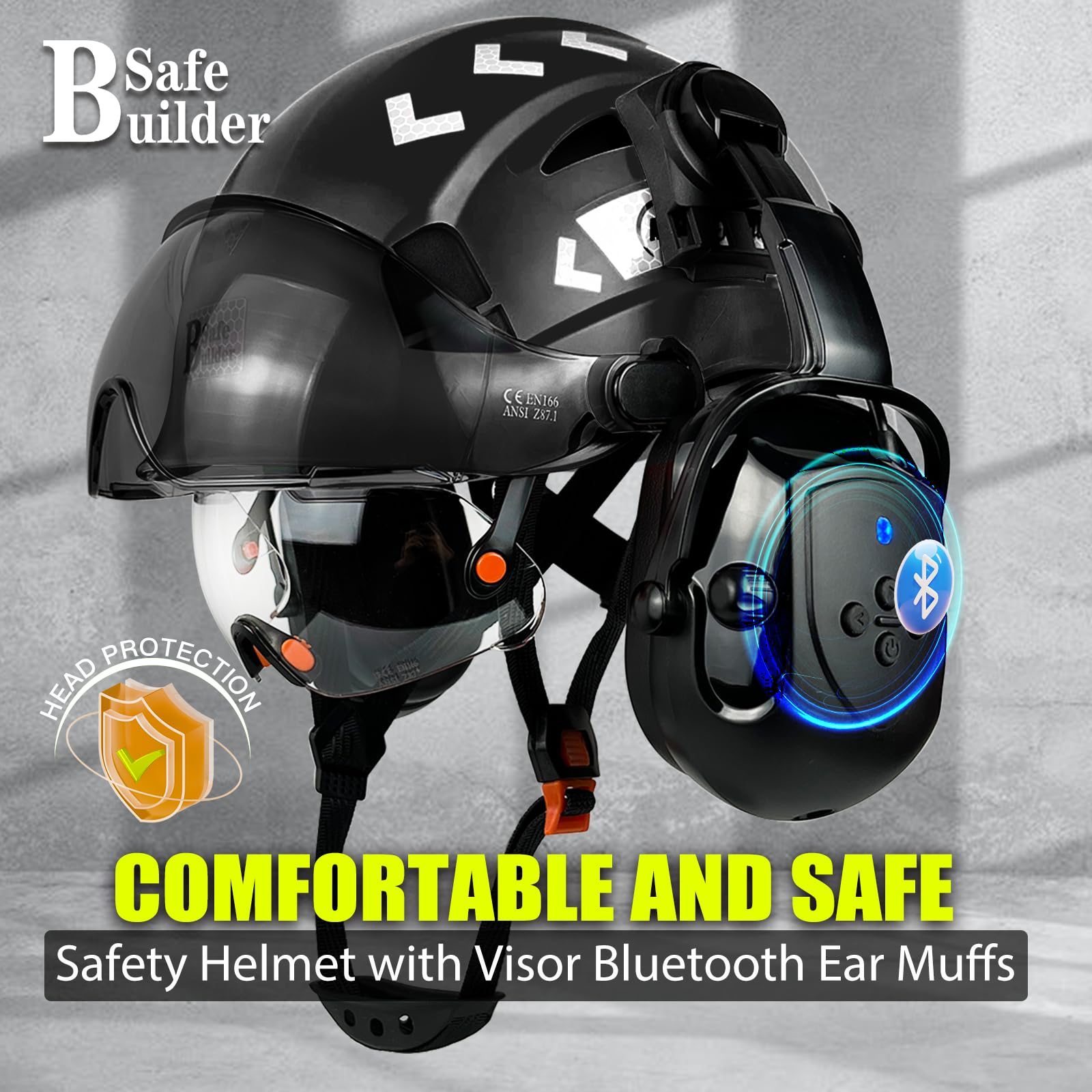 SAFEBUILDER Casco de seguridad con visera Bluetooth SNR 26dB casco duro con viseras montadas, orejeras ventiladas ANSI Z89.1